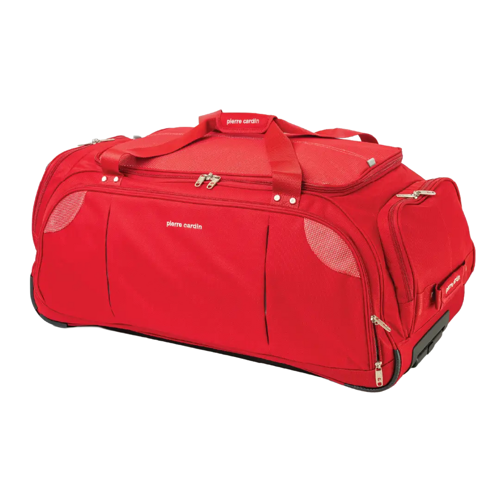 Red duffel bag with wheels on a white background