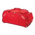 Red duffel bag with wheels on a white background