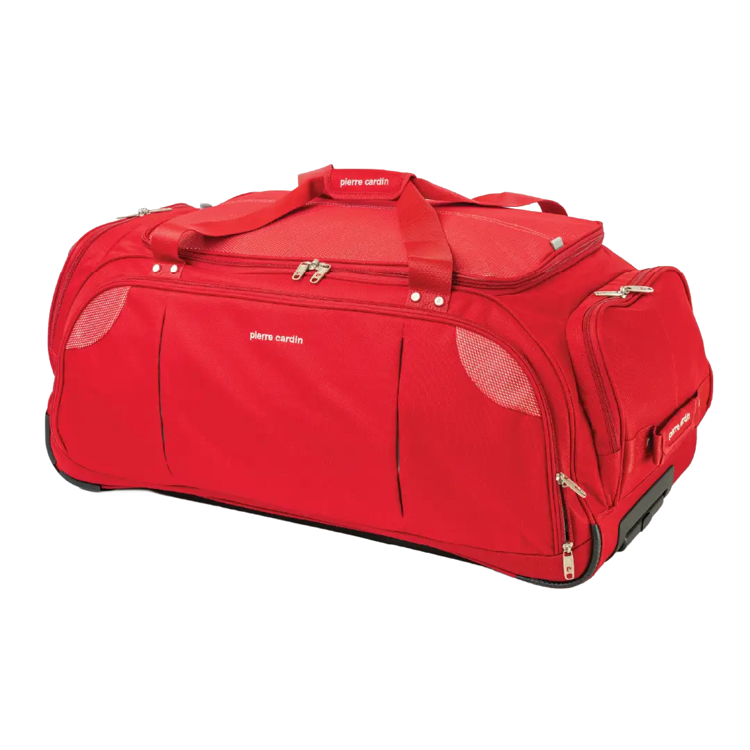 Red duffel bag with wheels on a white background
