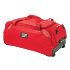 Red travel duffel bag with wheels on a white background