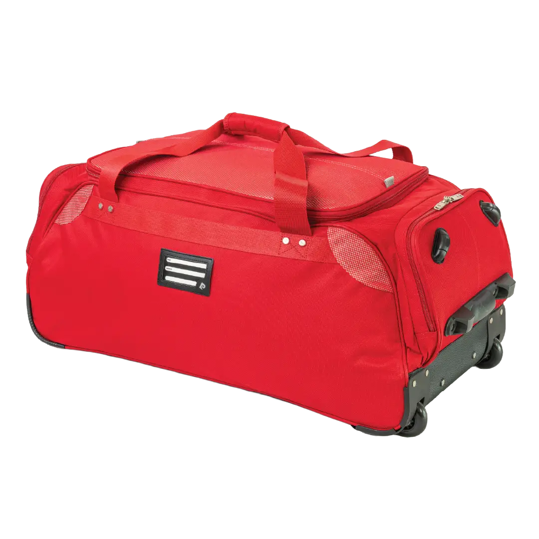 Red travel duffel bag with wheels on a white background