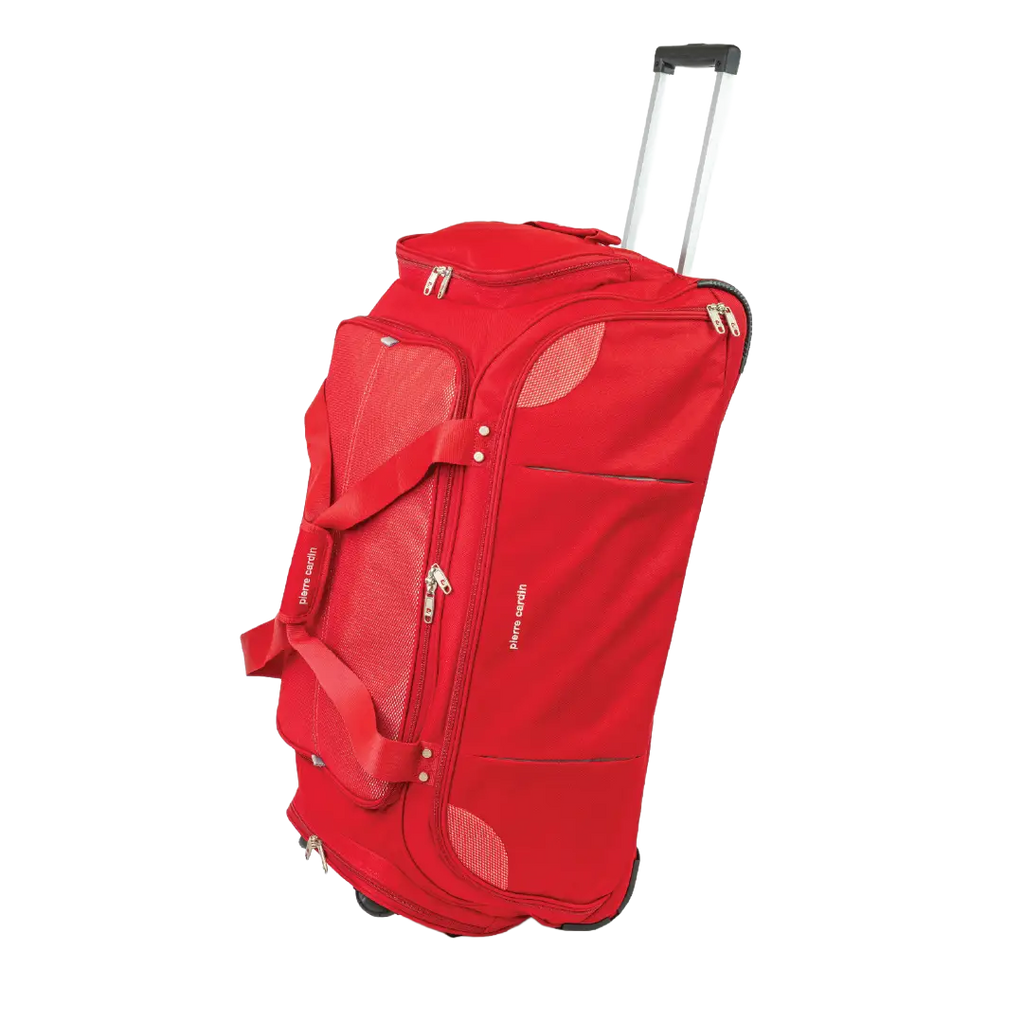 Red rolling suitcase on a white background