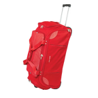Red rolling suitcase on a white background
