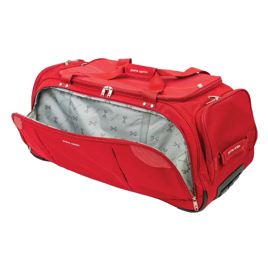 Red duffel bag with open compartment on a white background