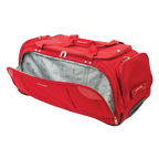 Red duffel bag with open compartment on a white background