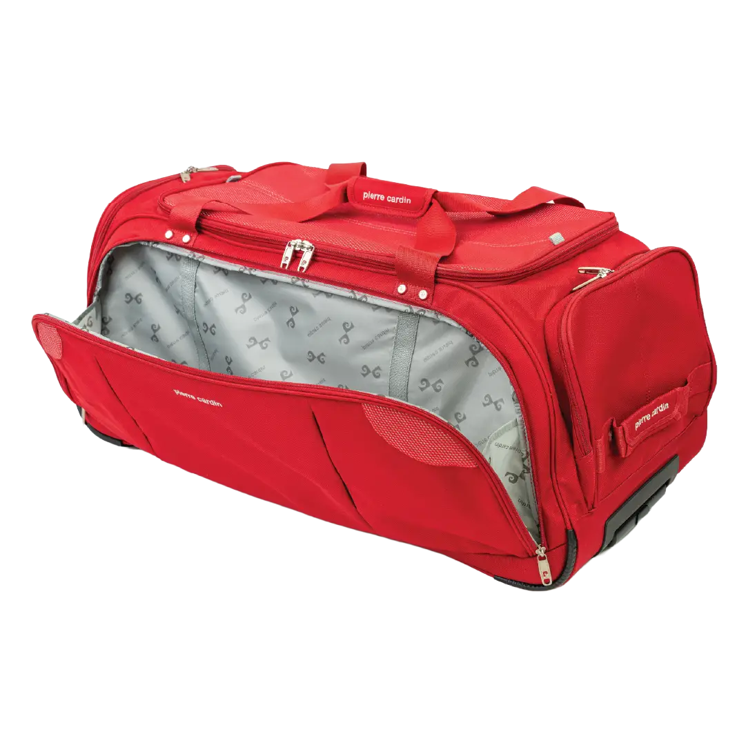 Red duffel bag with open compartment on a white background