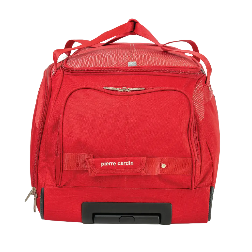 Red suitcase with wheels and handle on a white background, featuring the brand 'Pierre Cardin'.