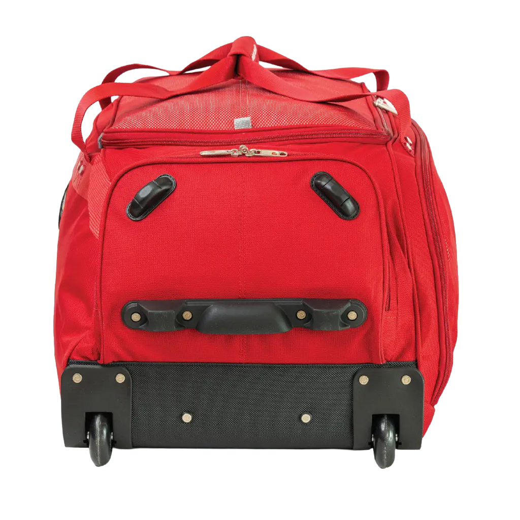 Red suitcase with black wheels on a white background
