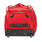 Red suitcase with black wheels on a white background