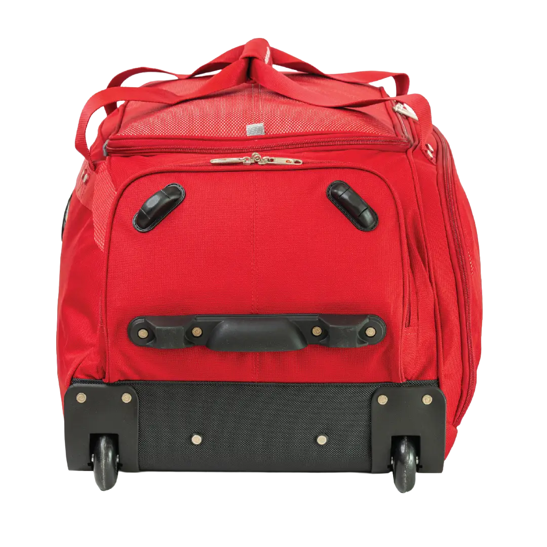 Red suitcase with black wheels on a white background