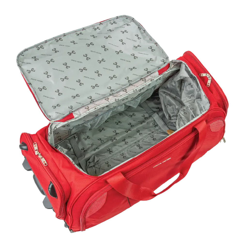 Red suitcase with open lid showing gray interior on a white background