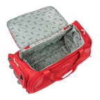 Red suitcase with open lid showing gray interior on a white background