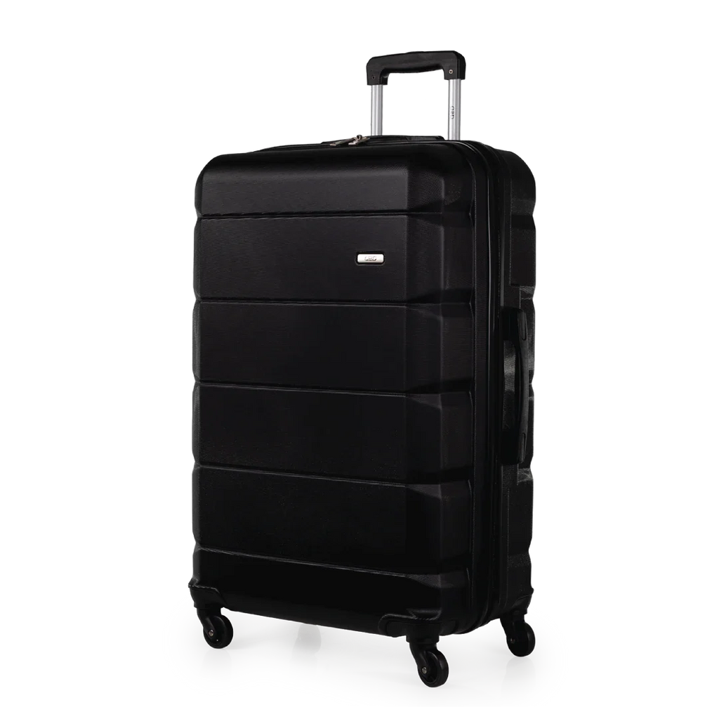Black suitcase with wheels on a white background