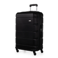 Black suitcase with wheels on a white background