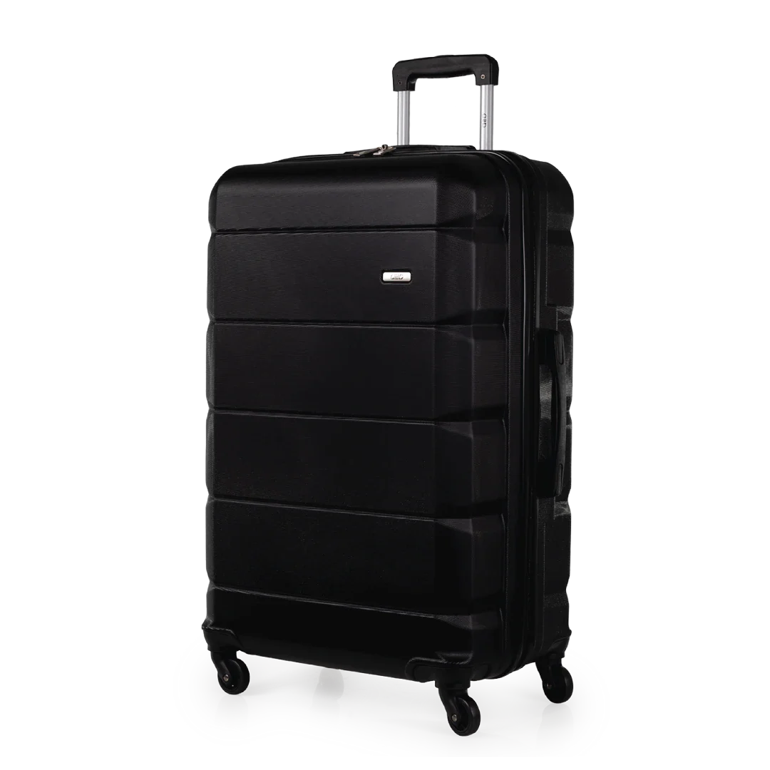 Black suitcase with wheels on a white background