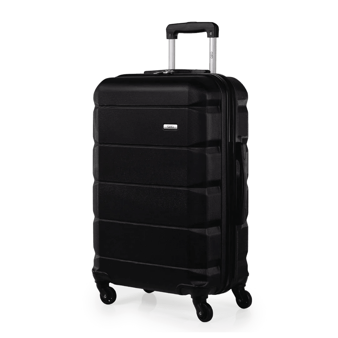 Black suitcase with wheels on a white background
