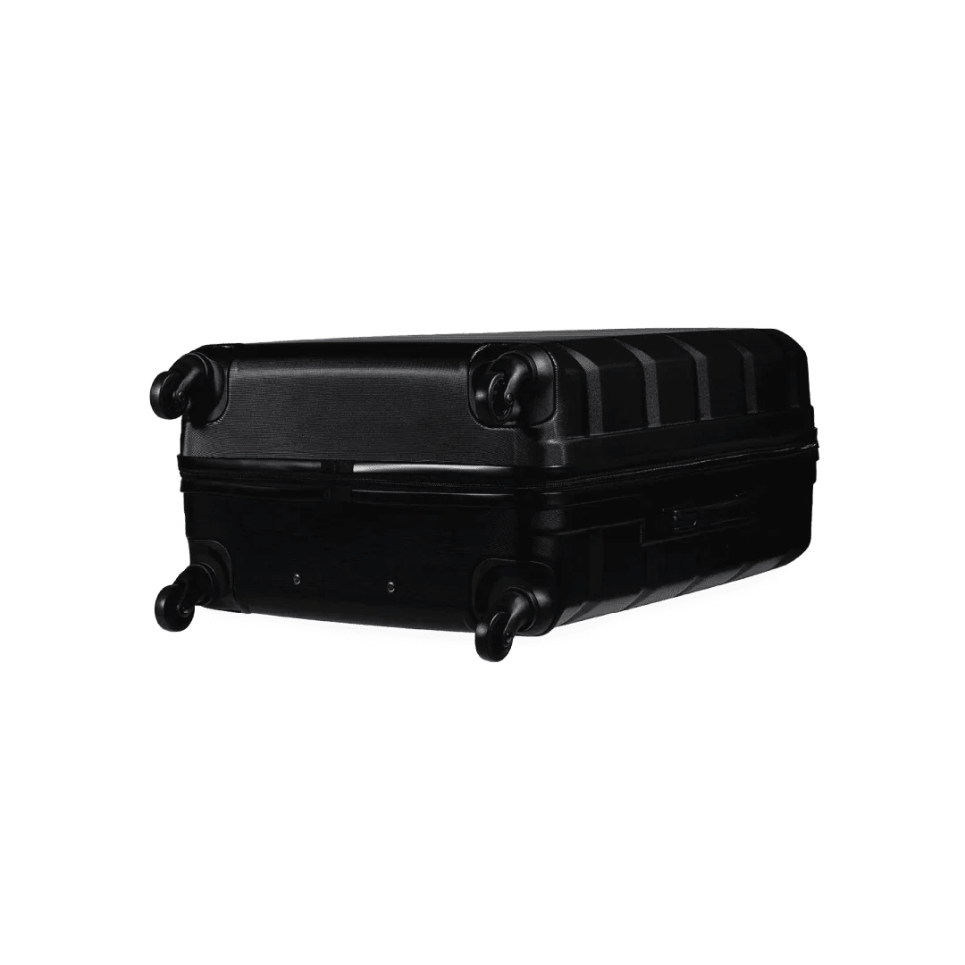 Black suitcase with wheels on a white background