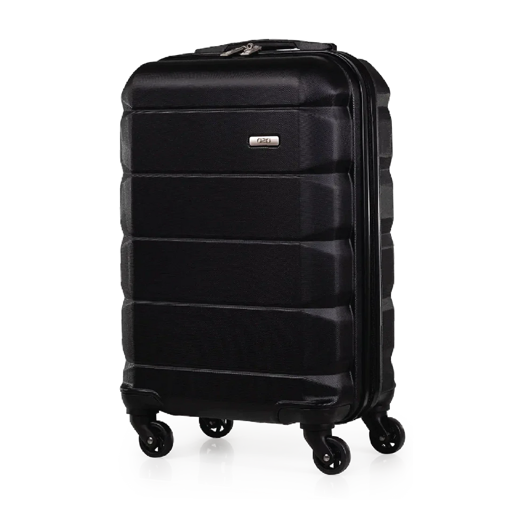 Black suitcase with wheels on a white background