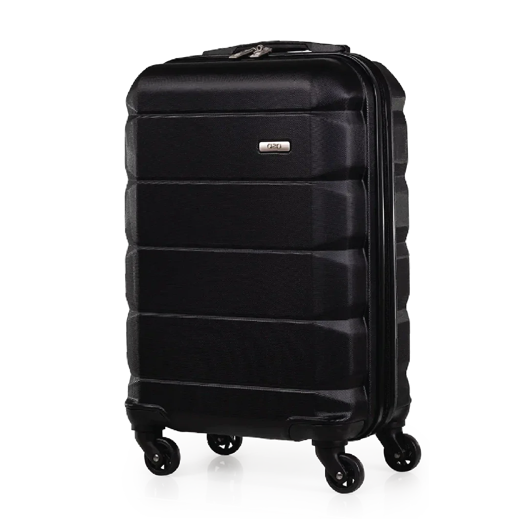 Black suitcase with wheels on a white background