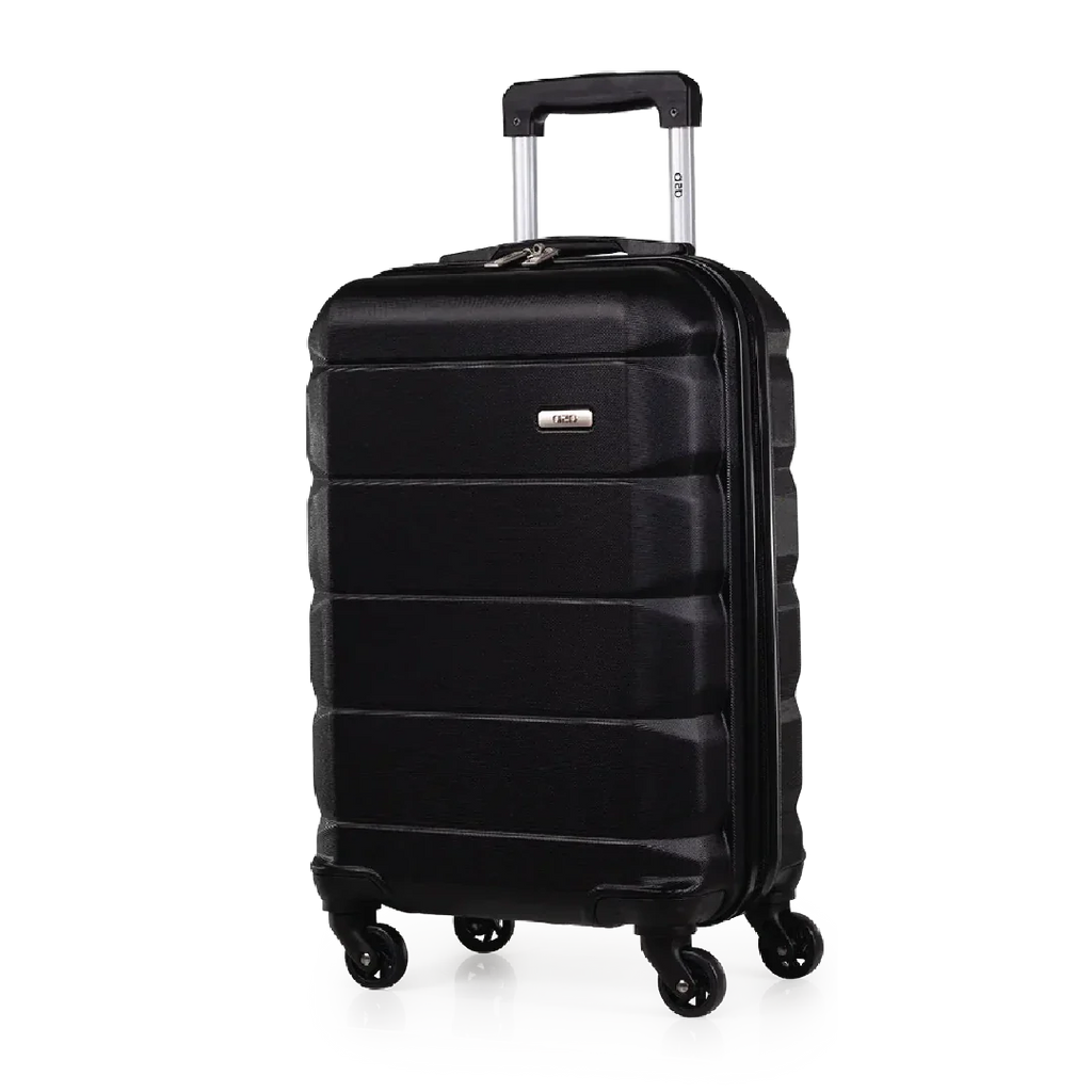 Black suitcase with wheels on a white background