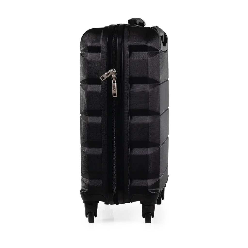 Black suitcase with geometric pattern on a white background