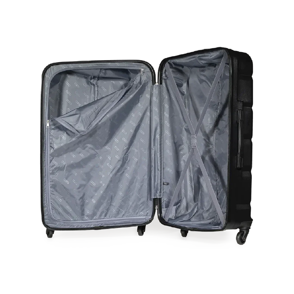 Black suitcase with open lid on a white background
