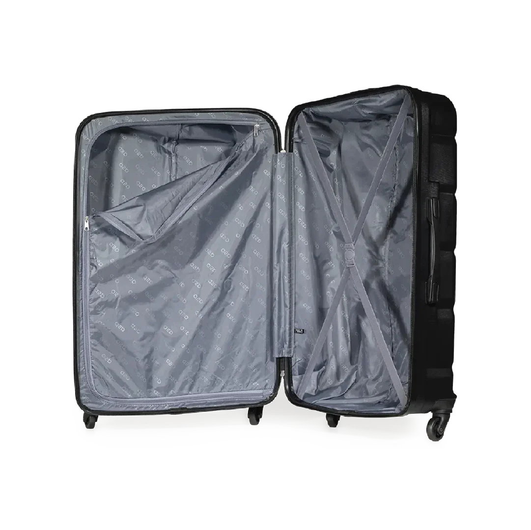 Black suitcase with open lid on a white background