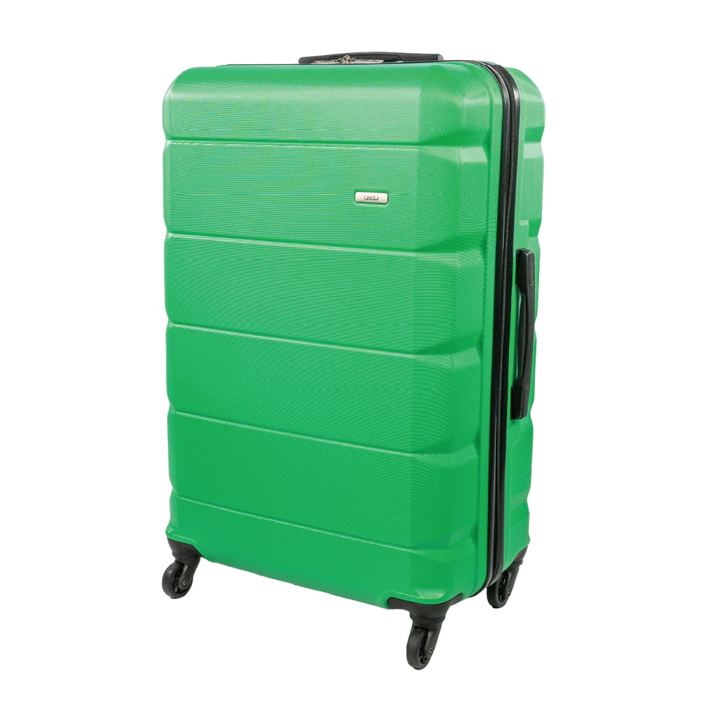 Green suitcase with black wheels on a white background