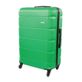 Green suitcase with black wheels on a white background