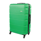 Green suitcase with black wheels on a white background