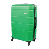 Green suitcase with black wheels on a white background