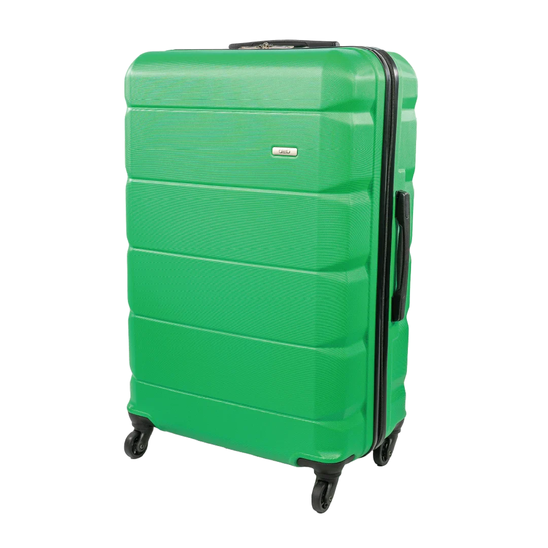 Green suitcase with black wheels on a white background