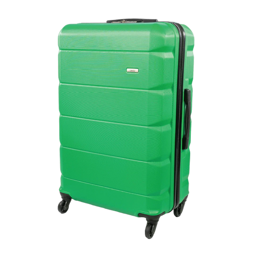 Green suitcase with black wheels on a white background