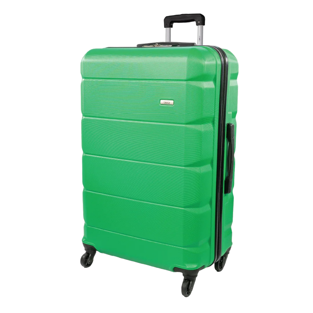 Green suitcase with a textured surface on a white background