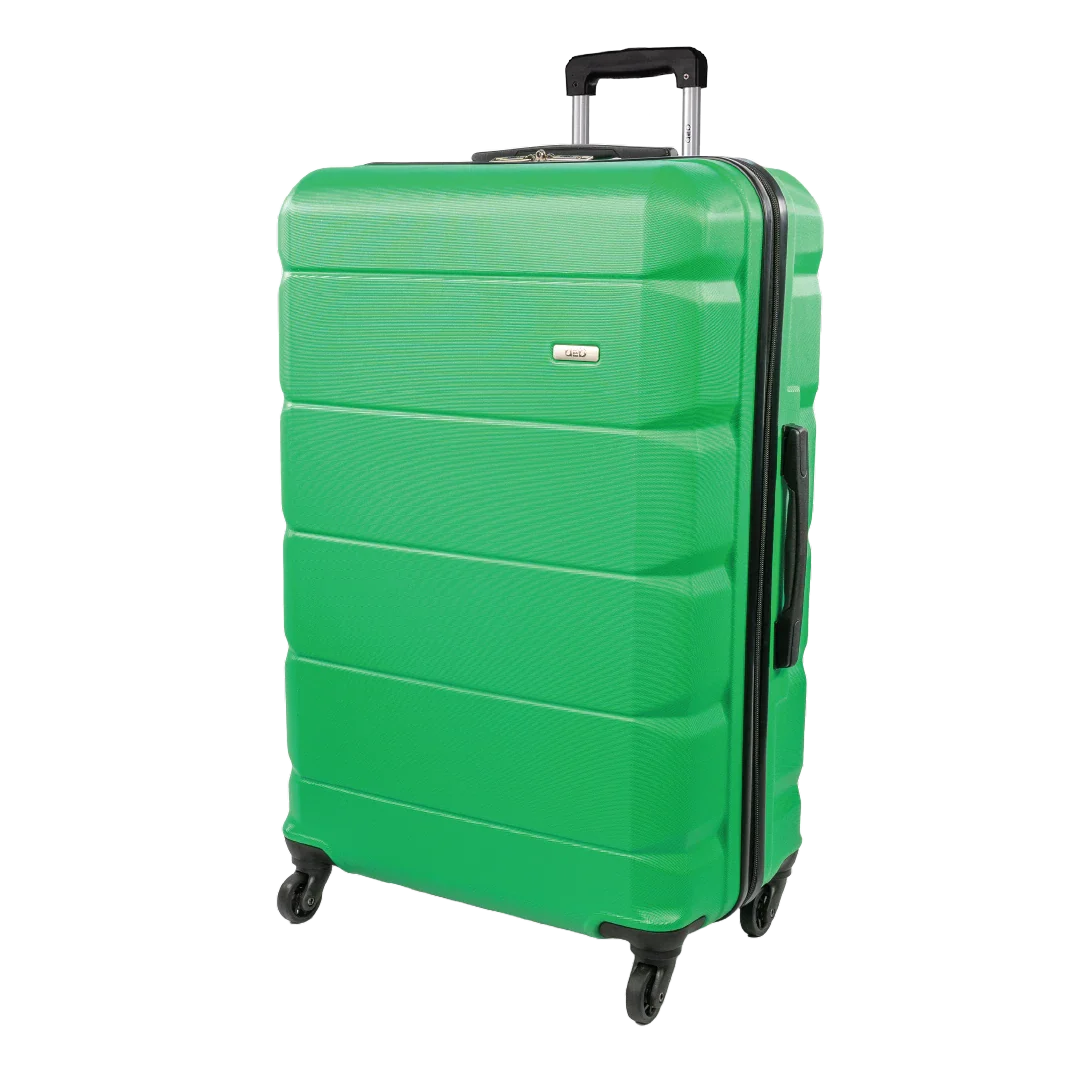 Green suitcase with a textured surface on a white background