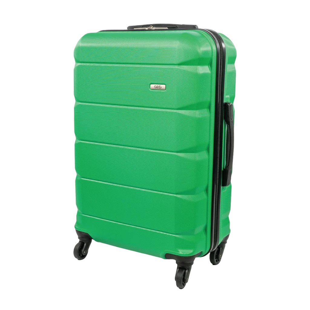 Green suitcase with black handle and wheels on a white background