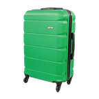Green suitcase with black handle and wheels on a white background