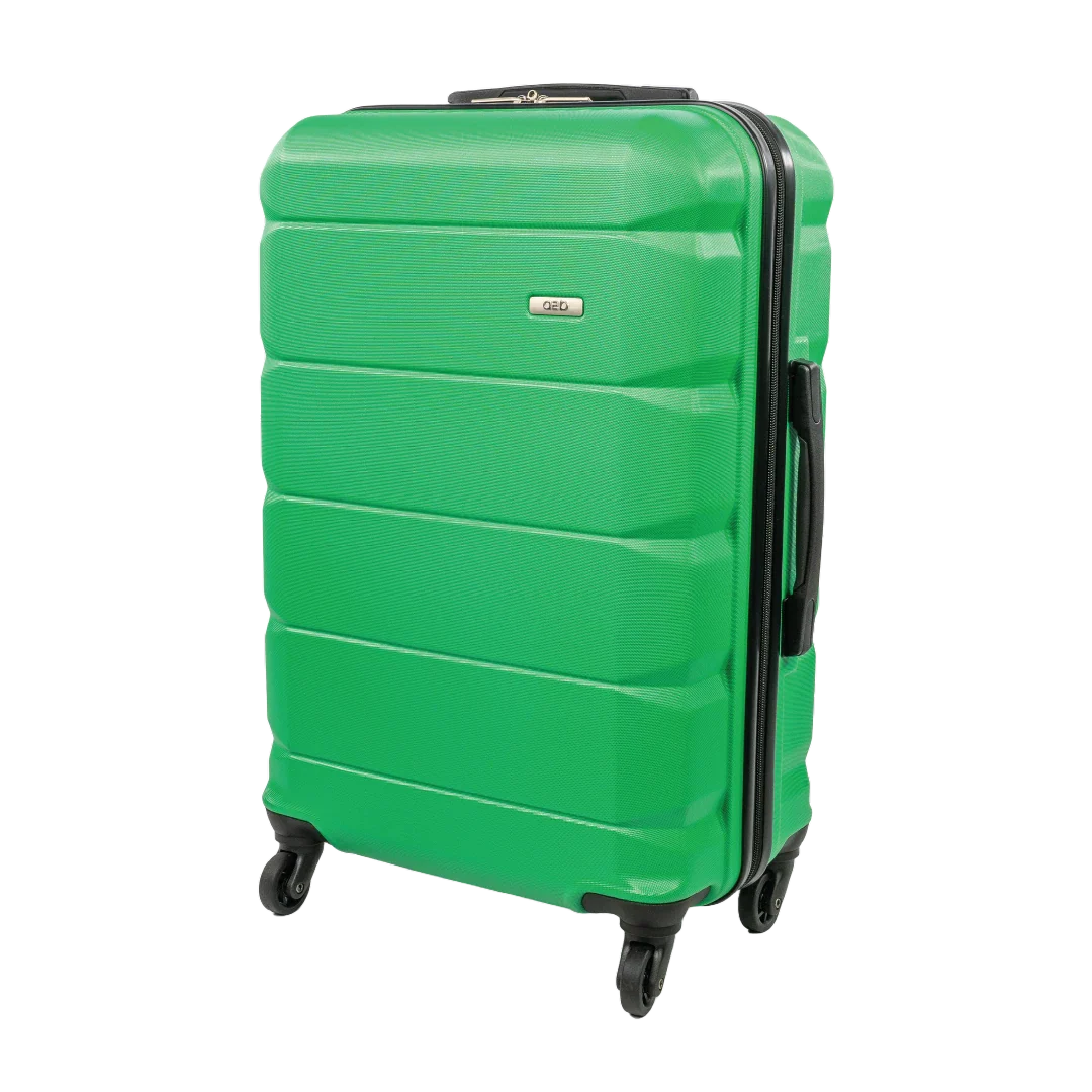 Green suitcase with black handle and wheels on a white background