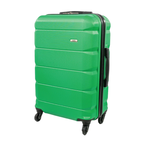 Green suitcase with black handle and wheels on a white background