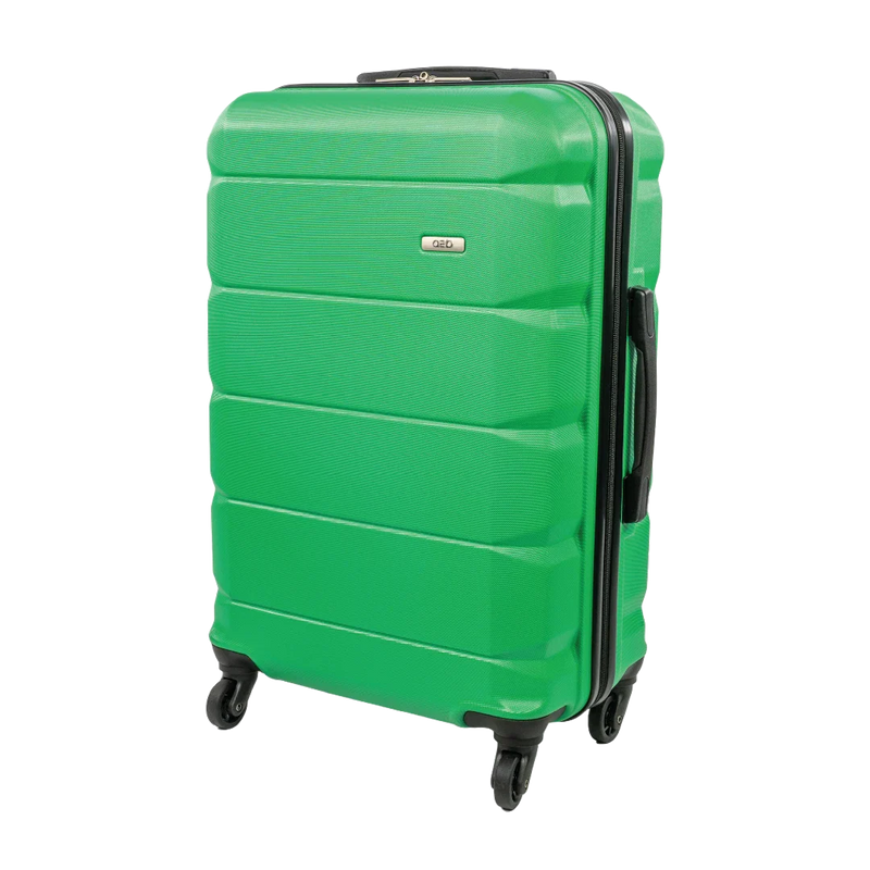 Green suitcase with black handle and wheels on a white background
