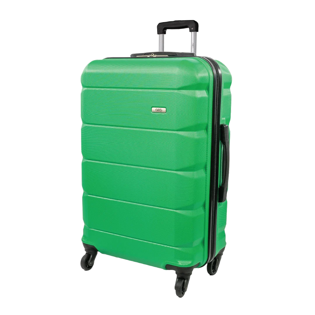 Green suitcase with a visible brand logo on a white background
