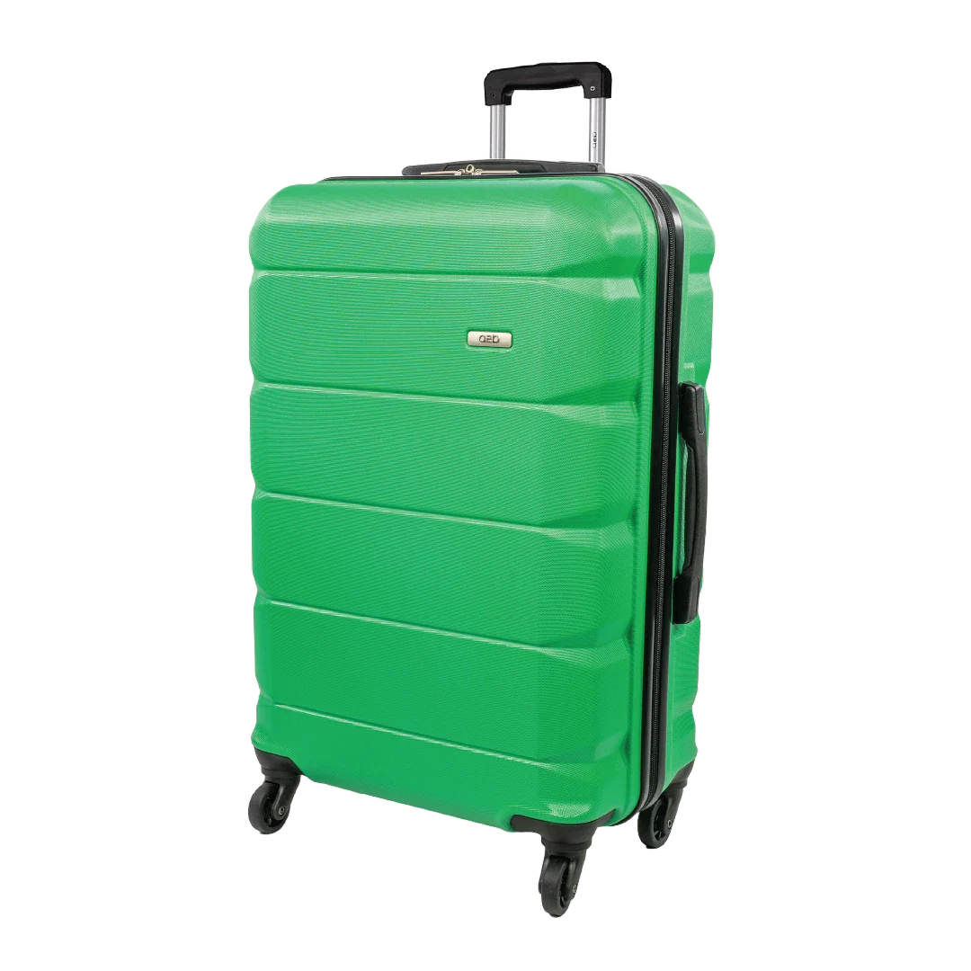 Green suitcase with a visible brand logo on a white background