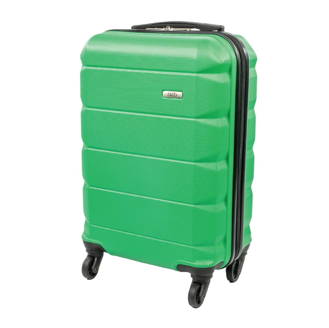Green suitcase with black wheels on a white background