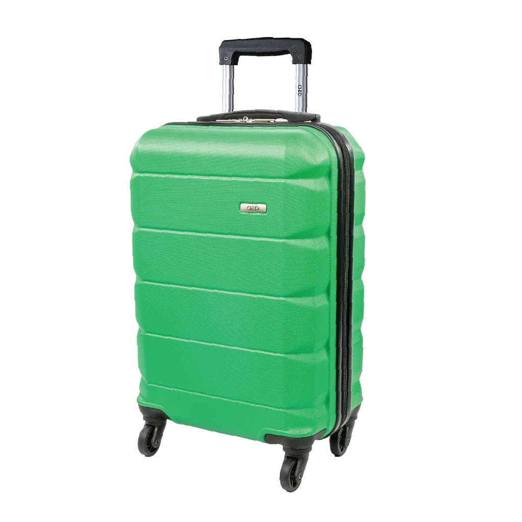 Green suitcase with black wheels and handle on a white background