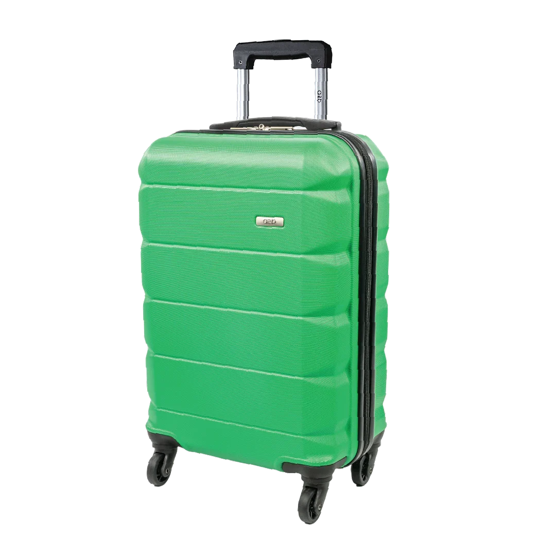 Green suitcase with black wheels and handle on a white background