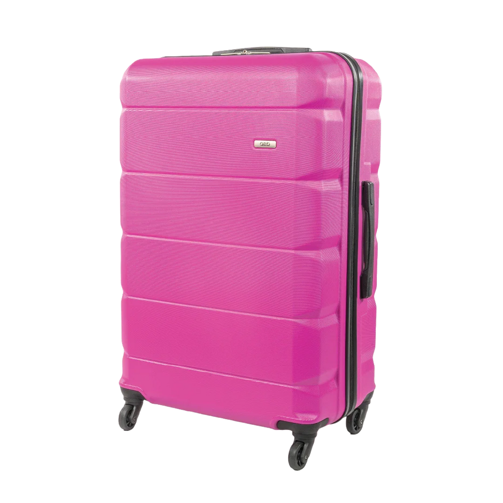 Pink suitcase with wheels on a white background