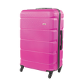 Pink suitcase with wheels on a white background