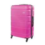 Pink suitcase with wheels on a white background