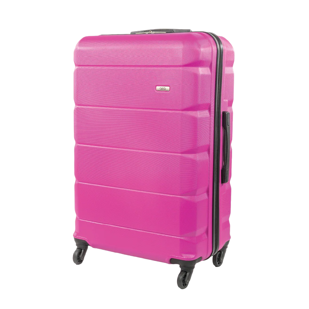 Pink suitcase with wheels on a white background