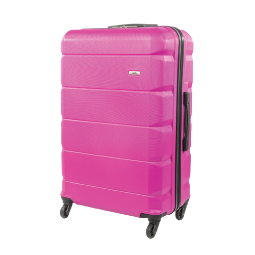 Pink suitcase with wheels on a white background